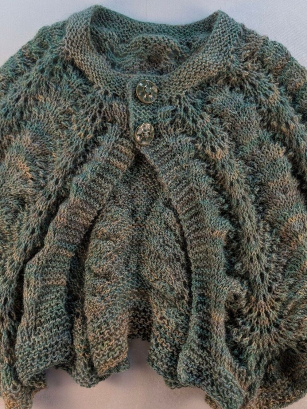 Hand Crafted OOAK Green and Beige Wool Blend Cape Cardigan with Buttons - Picture 7 of 7